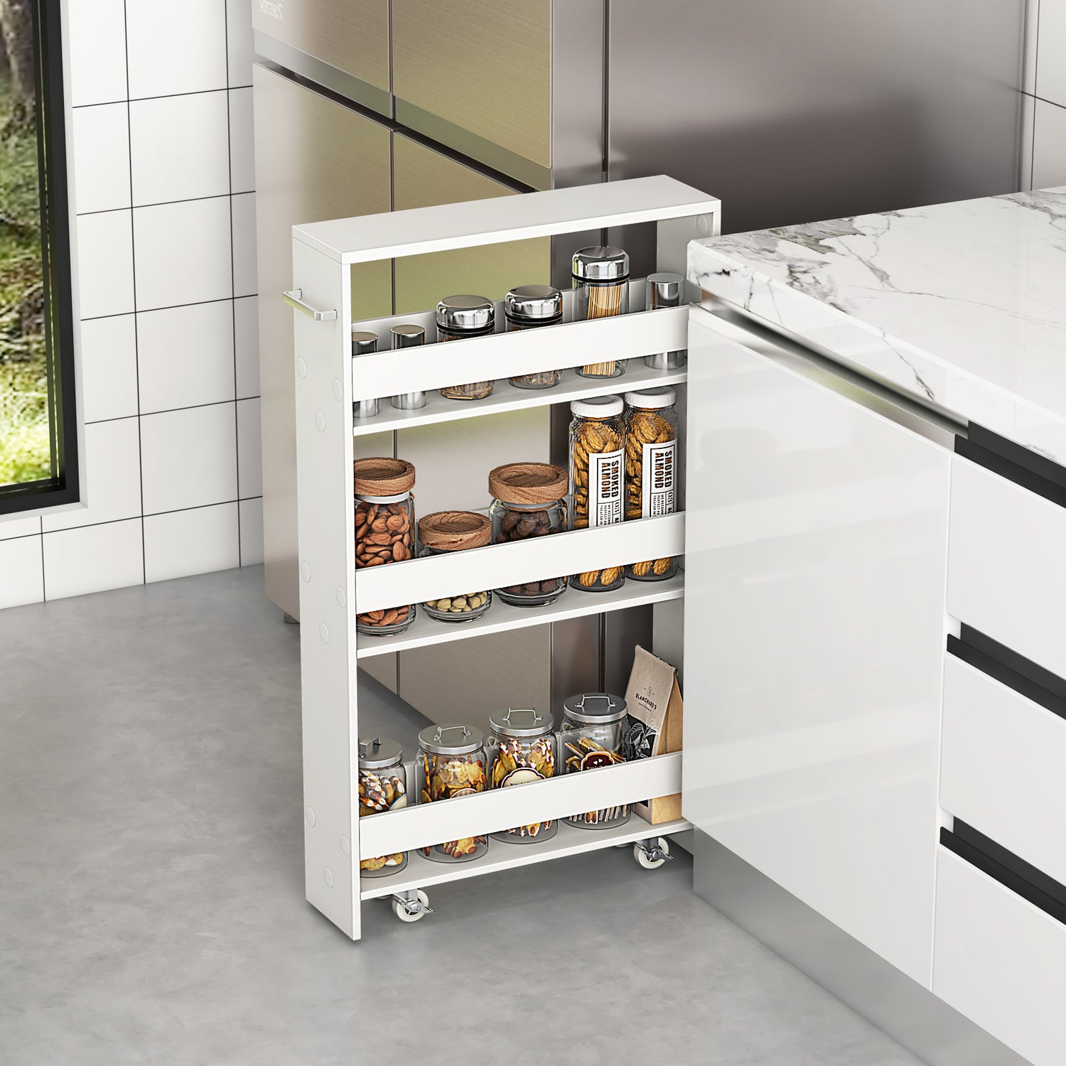 Narrow Mobile Serving Cart with Open Shelves for Kitchen Bathroom Living Room