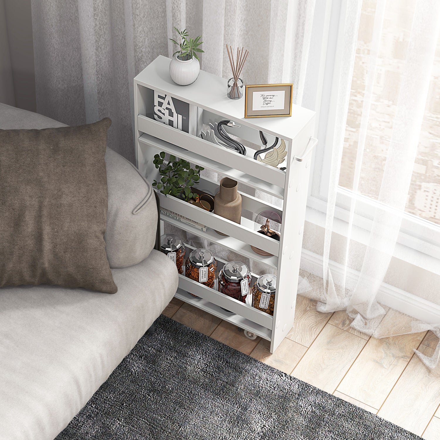 Narrow Mobile Serving Cart with Open Shelves for Kitchen Bathroom Living Room