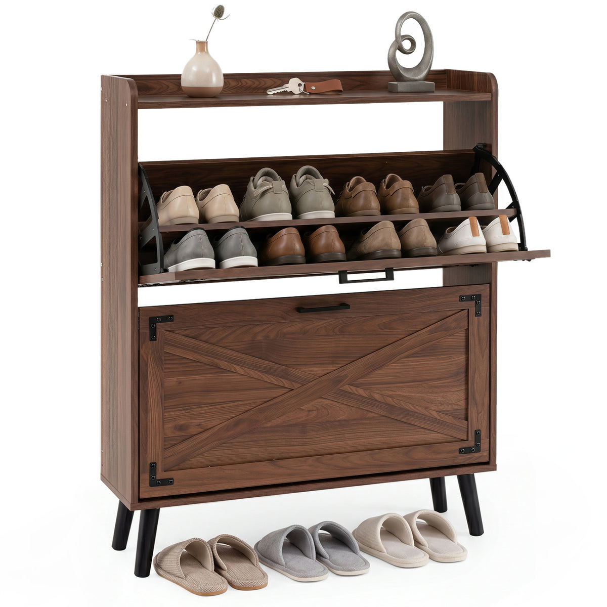 Narrow Shoe Cabinet with Adjustable and Removable Shelves for Entryway-Brown
