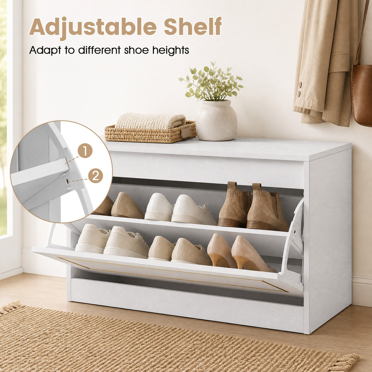 Narrow Shoe Cabinet with 1 Flip Drawer and Adjustable Shelf for Hallway-White