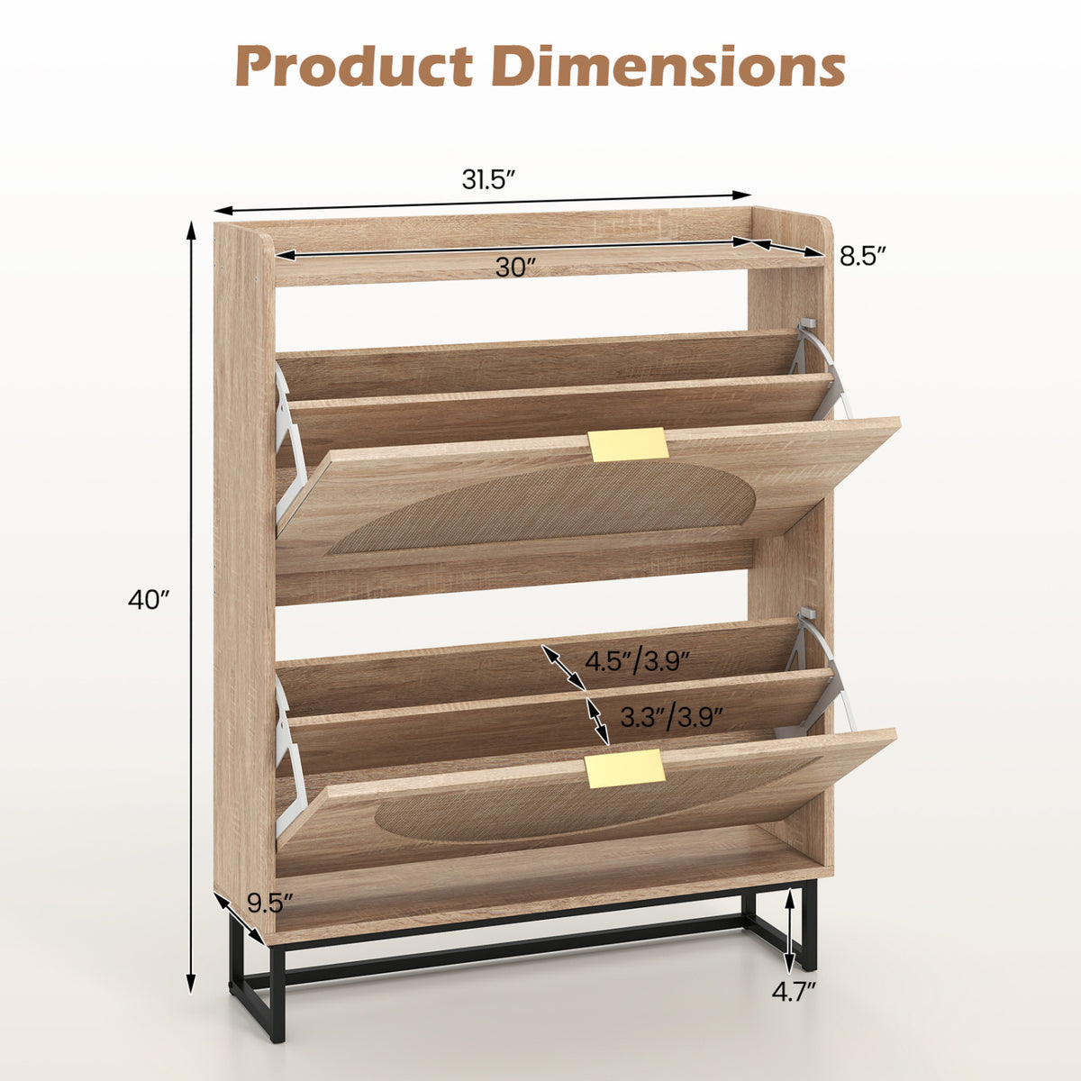 Narrow Shoe Storage Cabinet with 2 Flip Drawers and Adjustable Shelves