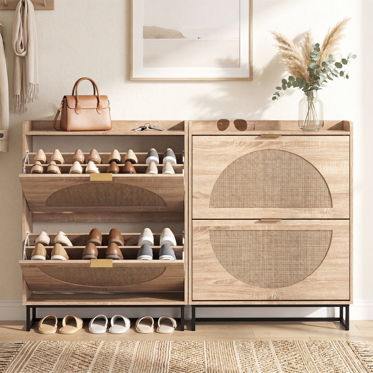 Narrow Shoe Storage Cabinet with 2 Flip Drawers and Adjustable Shelves