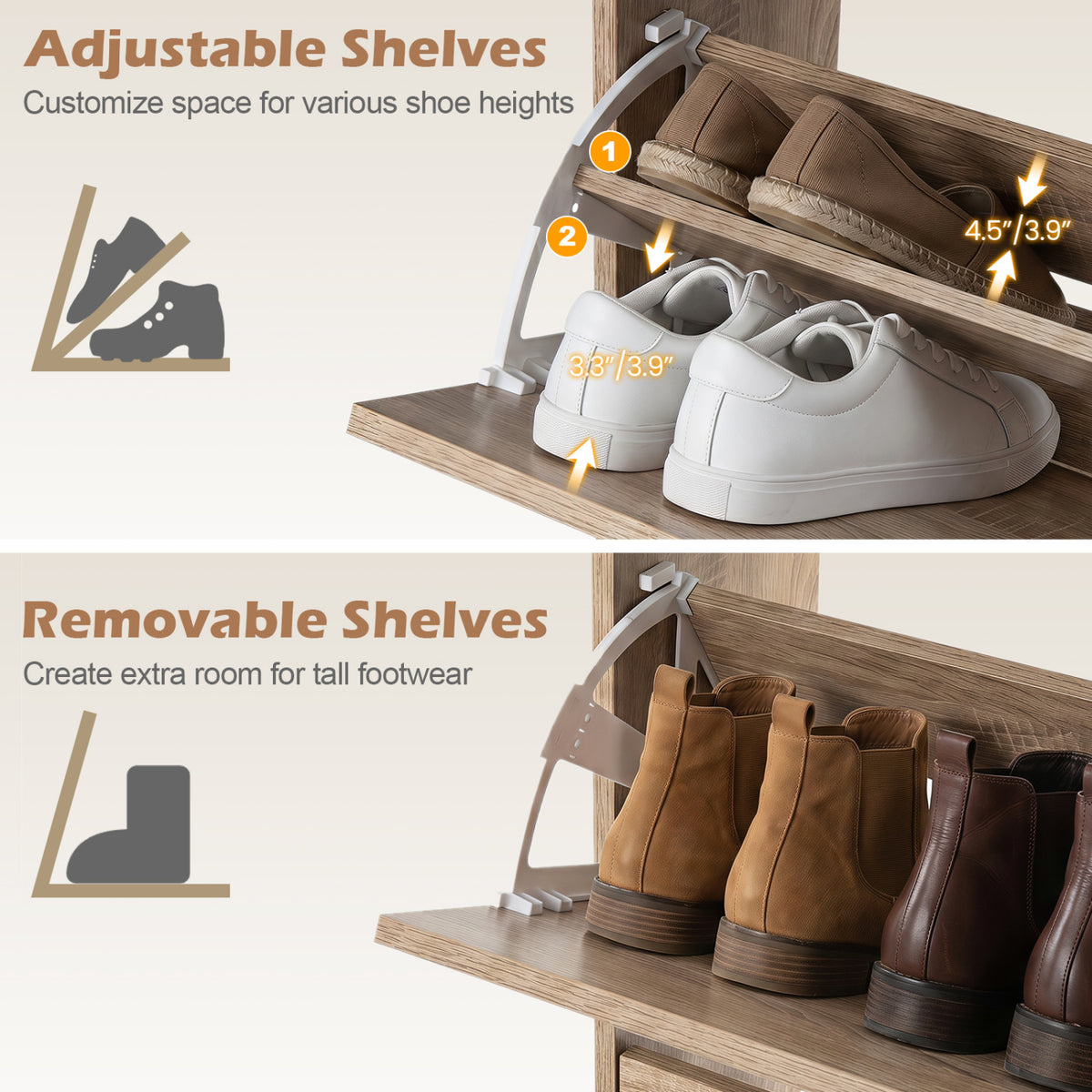 Narrow Shoe Storage Cabinet with 2 Flip Drawers and Adjustable Shelves