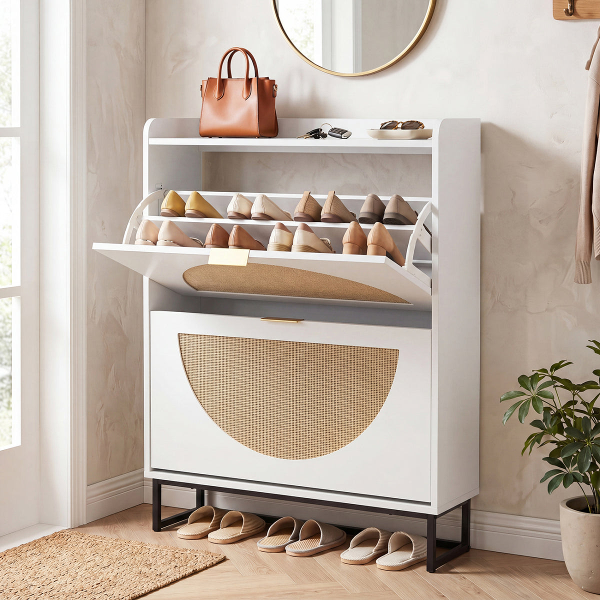 Narrow Shoe Storage Cabinet with 2 Flip Drawers and Adjustable Shelves