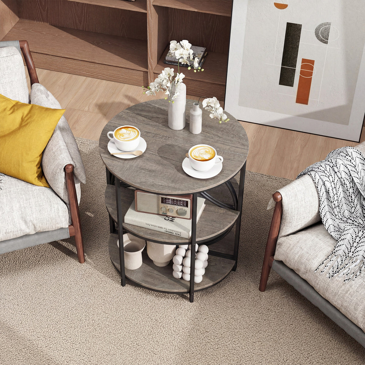 Narrow Side Table with Study Metal Frame and Storage Shelves