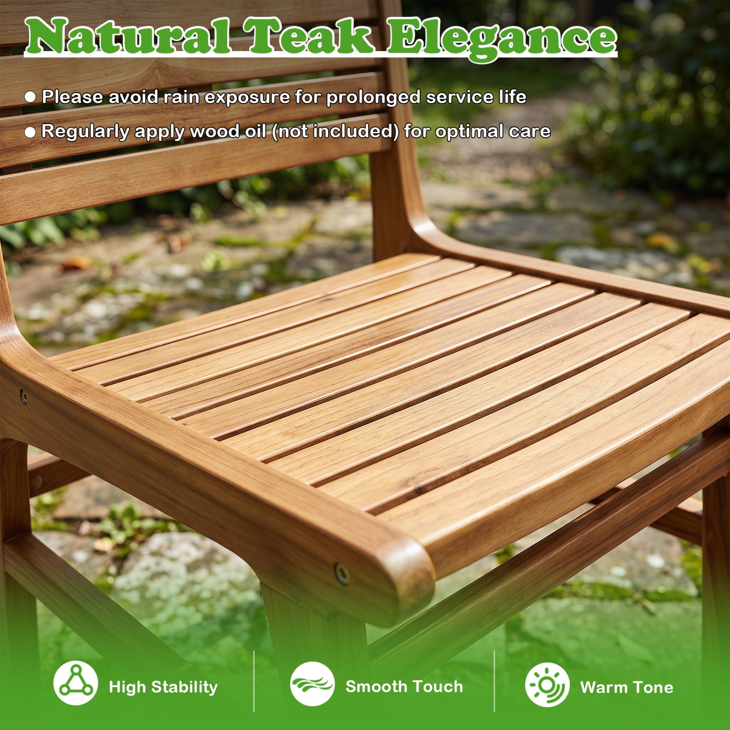 Natural Wood Armless Patio Chair with Slanted Back and Slatted Seat