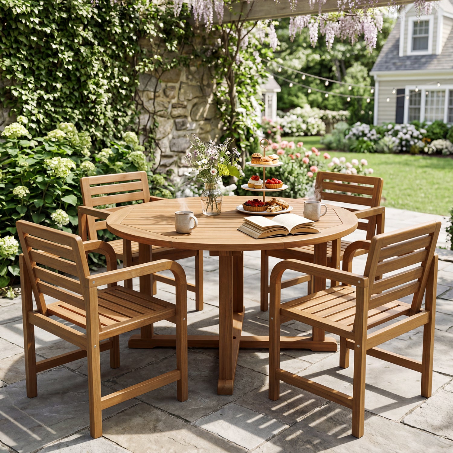 Natural Wood Patio Armchair with Slanted Back and Slatted Seat