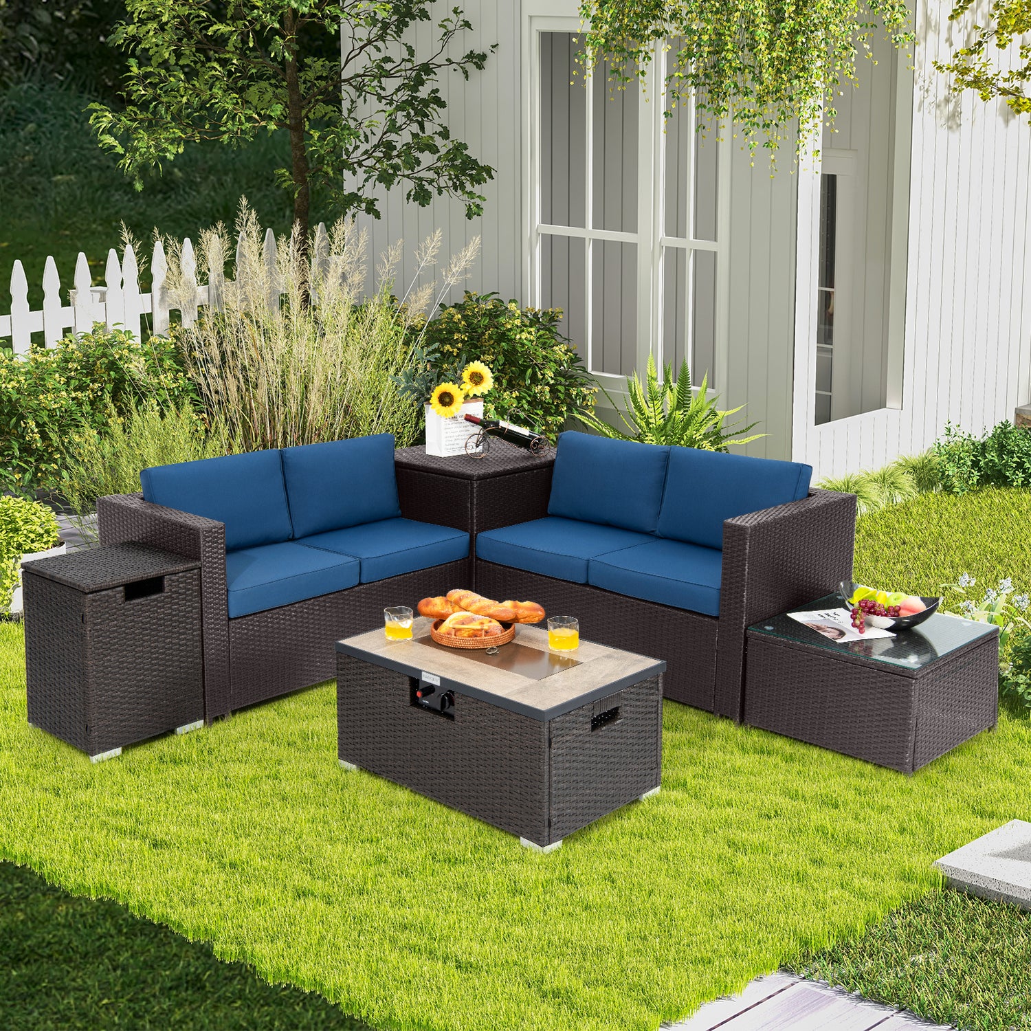 6 Pieces Outdoor Wicker Furniture Set with 32 Inch Propane Fire Pit Table