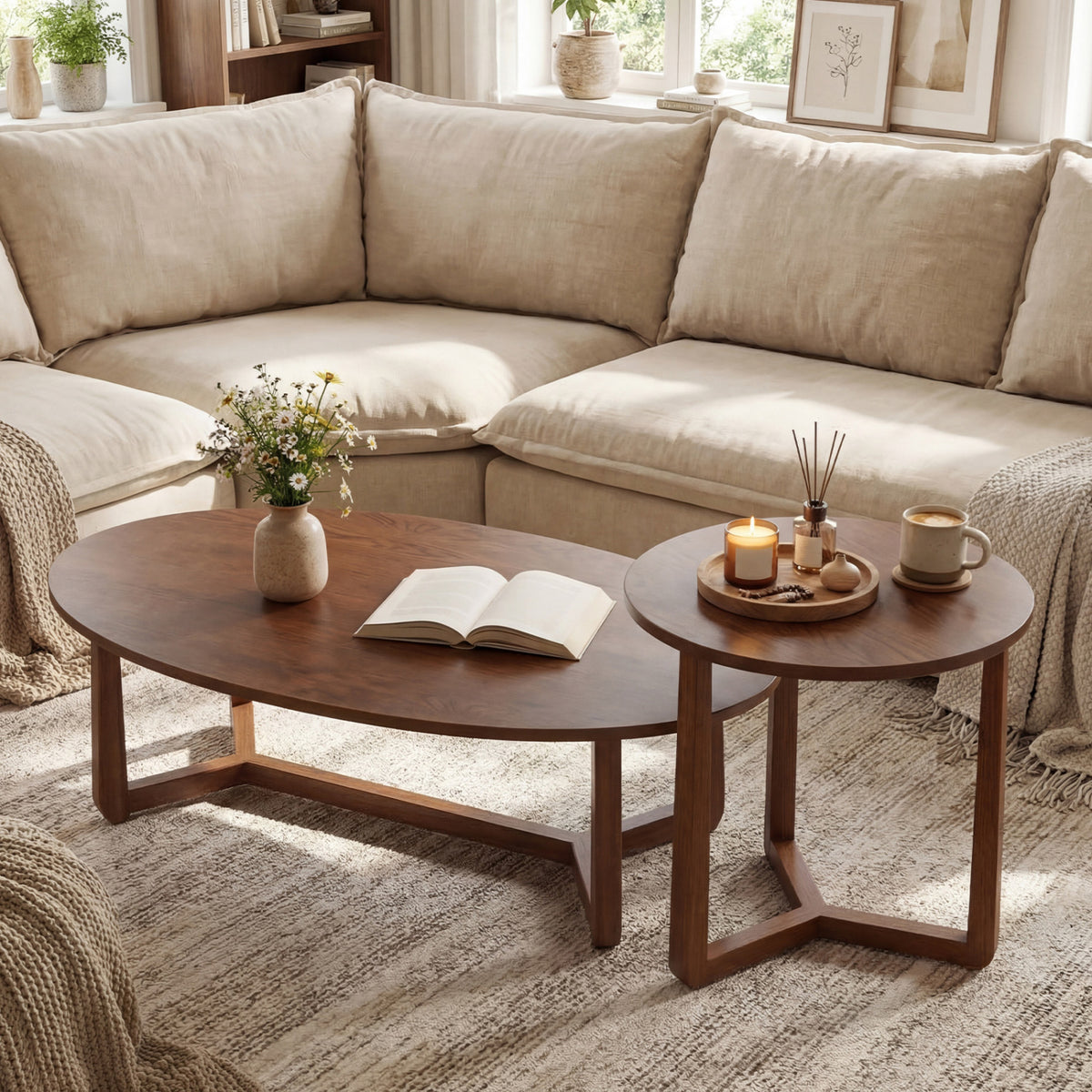 Nesting Coffee Table Set of 2 with Wood Veneered Top and Solid Rubber Wood Legs