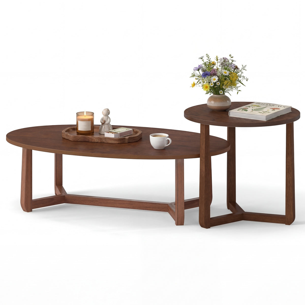 Nesting Coffee Table Set of 2 with Wood Veneered Top and Solid Rubber Wood Legs