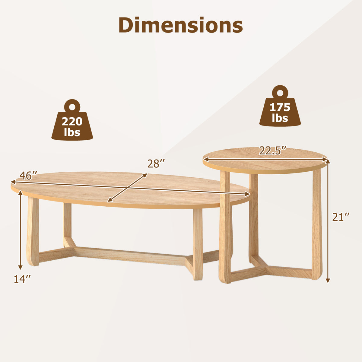 Nesting Coffee Table Set of 2 with Wood Veneered Top and Solid Rubber Wood Legs