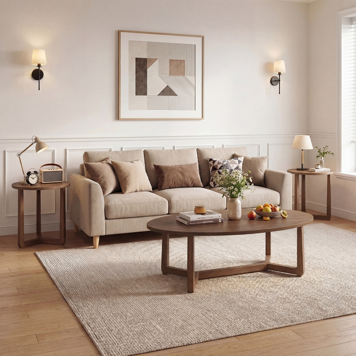 Nesting Coffee Table Set of 3 with Wood Veneered Top and Solid Rubber Wood Legs for Living Room