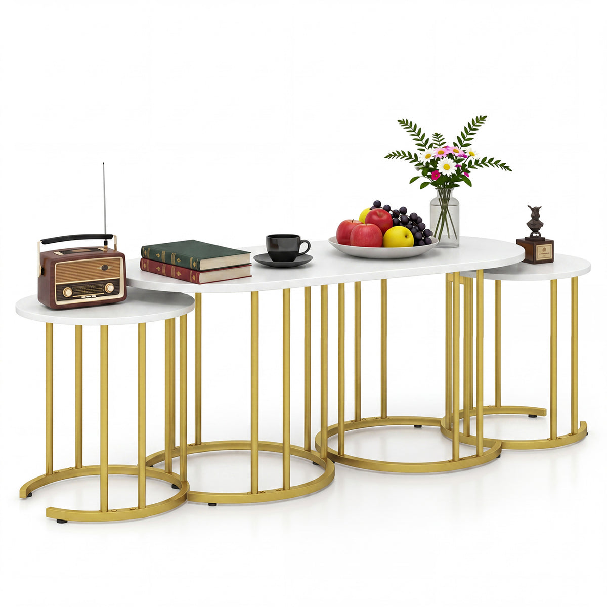 Nesting Coffee Table Set of 3 with Faux Marble Tabletop and Powder-coated Gold Metal Frame