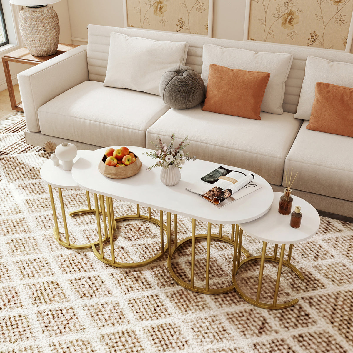 Nesting Coffee Table Set of 3 with Faux Marble Tabletop and Powder-coated Gold Metal Frame