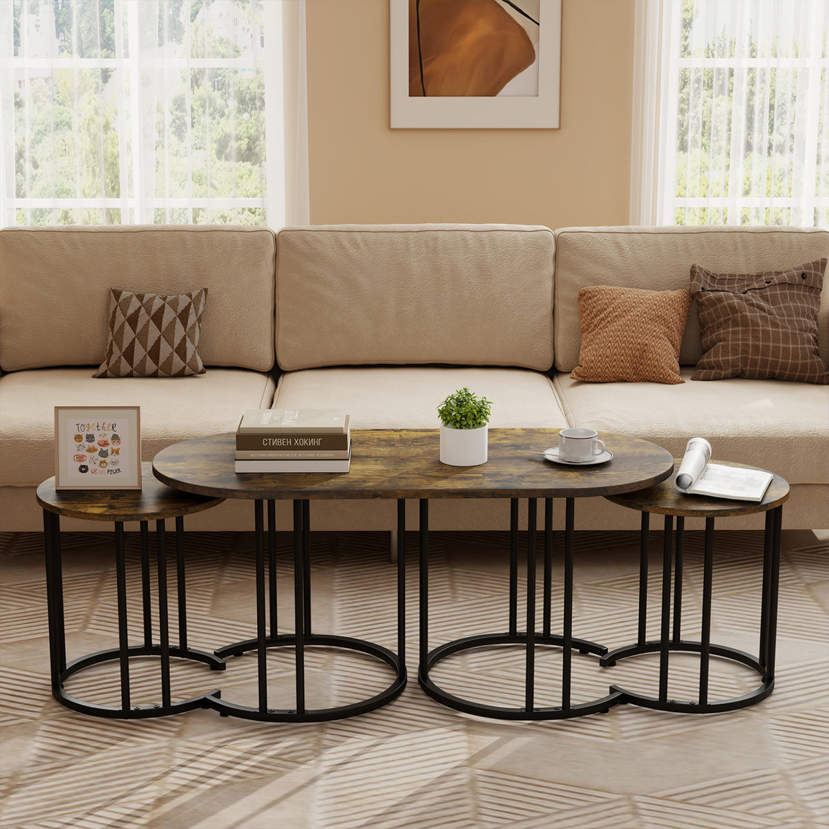 Nesting Coffee Table Set of 3 with Faux Marble Tabletop and Powder-coated Gold Metal Frame