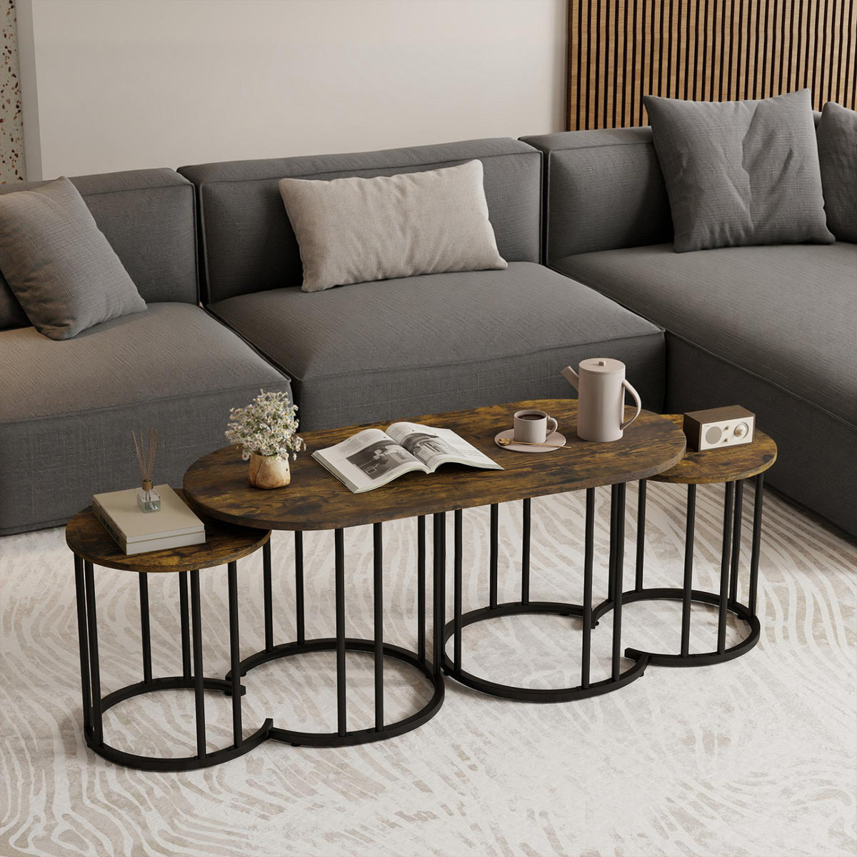 Nesting Coffee Table Set of 3 with Faux Marble Tabletop and Powder-coated Gold Metal Frame