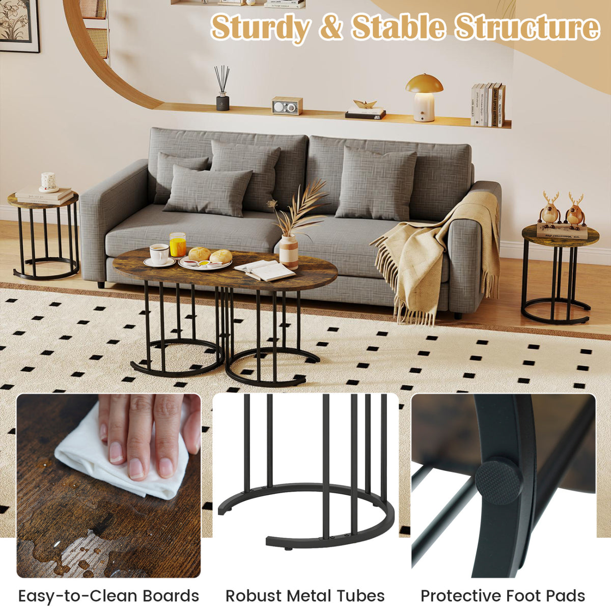 Nesting Coffee Table Set of 3 with Faux Marble Tabletop and Powder-coated Gold Metal Frame