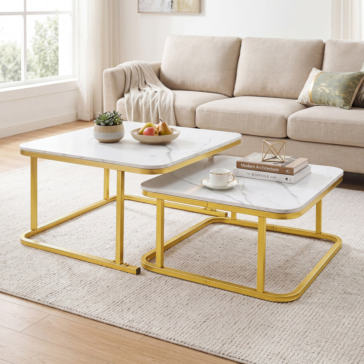 Nesting Coffee Table Set of 2 with Faux Marble Top and Metal Frame