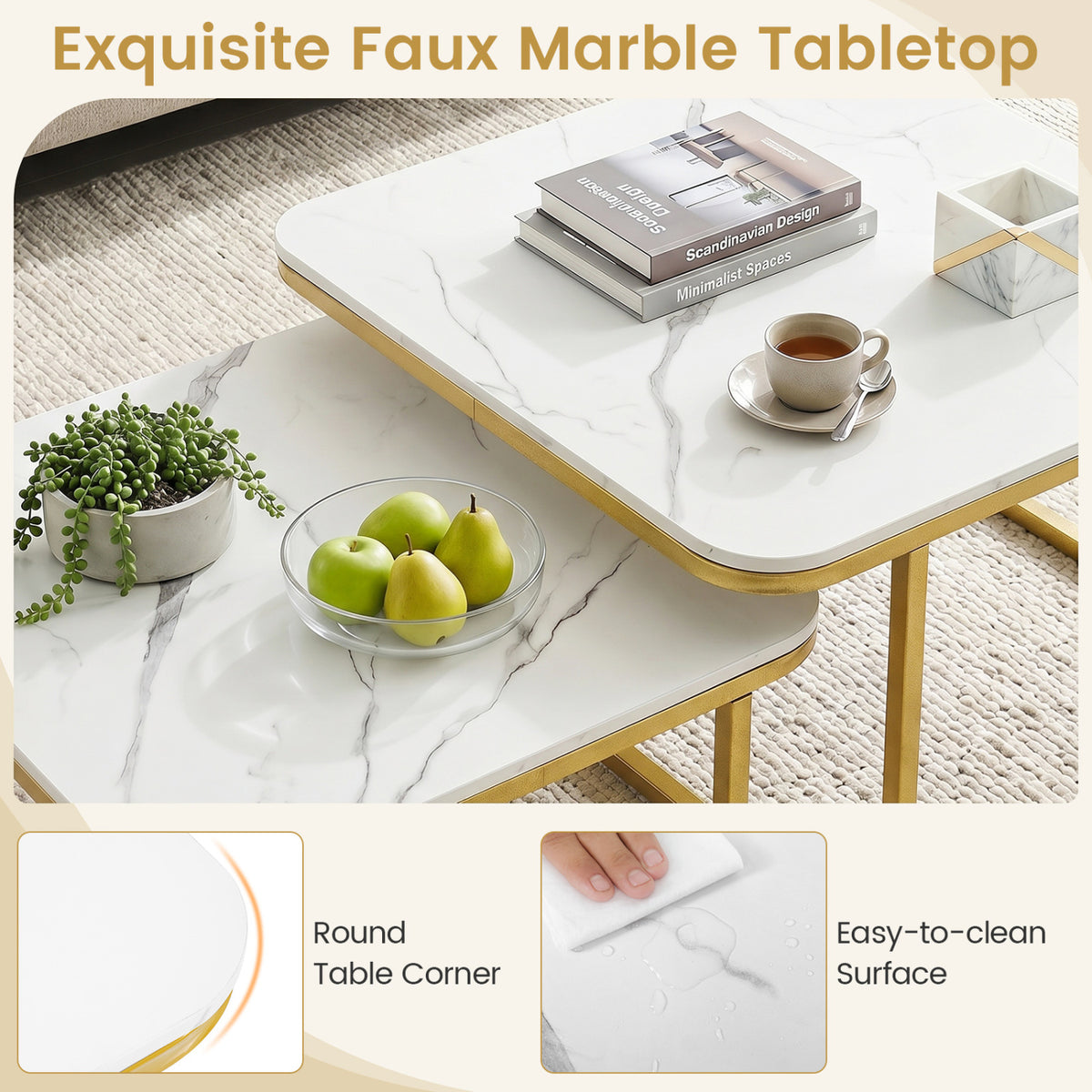 Nesting Coffee Table Set of 2 with Faux Marble Top and Metal Frame