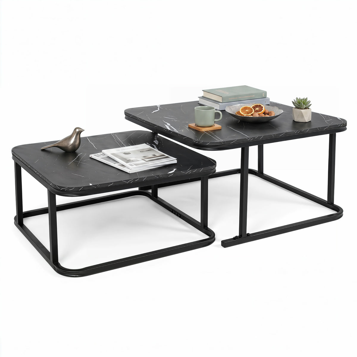 Nesting Coffee Table Set of 2 with Faux Marble Top and Metal Frame