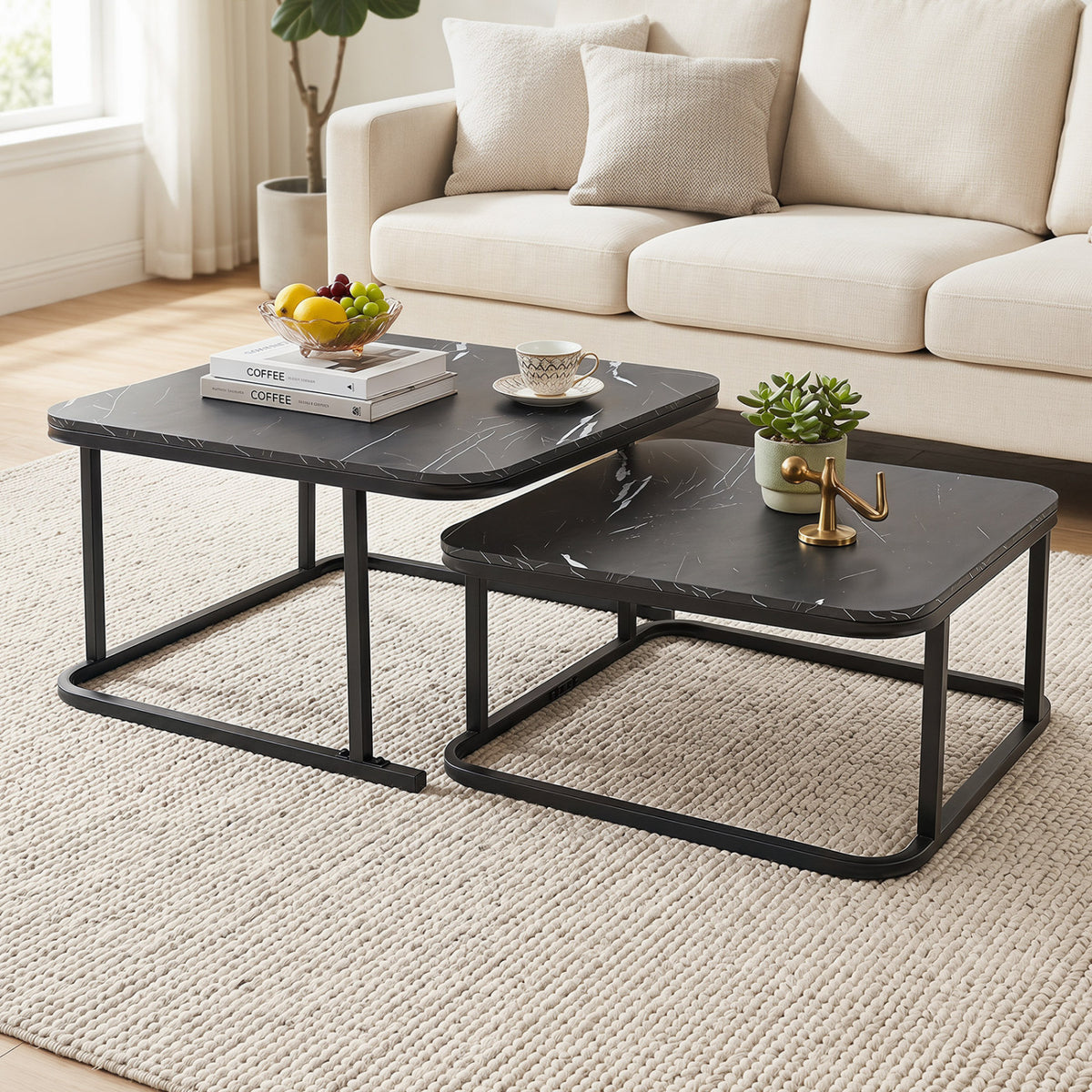 Nesting Coffee Table Set of 2 with Faux Marble Top and Metal Frame