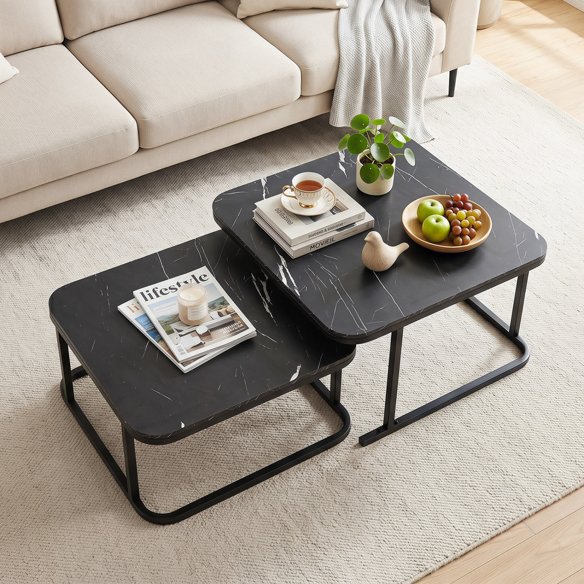 Nesting Coffee Table Set of 2 with Faux Marble Top and Metal Frame