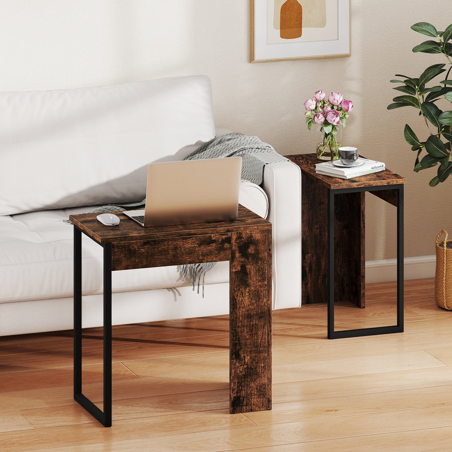 2-in-1 Nesting Coffee Table Set of 2 for Living Room and Bedroom-Rustic Brown