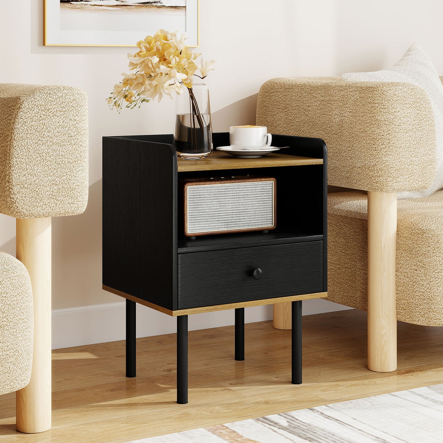 Nightstand Bedside End Table with Drawer and Open Shelf for Living Room Bedroom