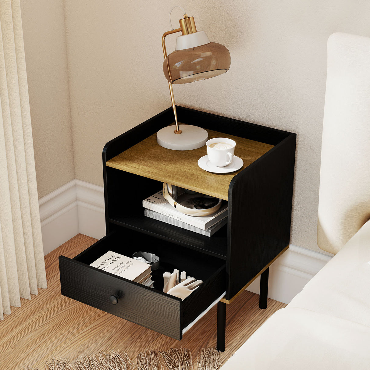 Nightstand Bedside End Table with Drawer and Open Shelf for Living Room Bedroom