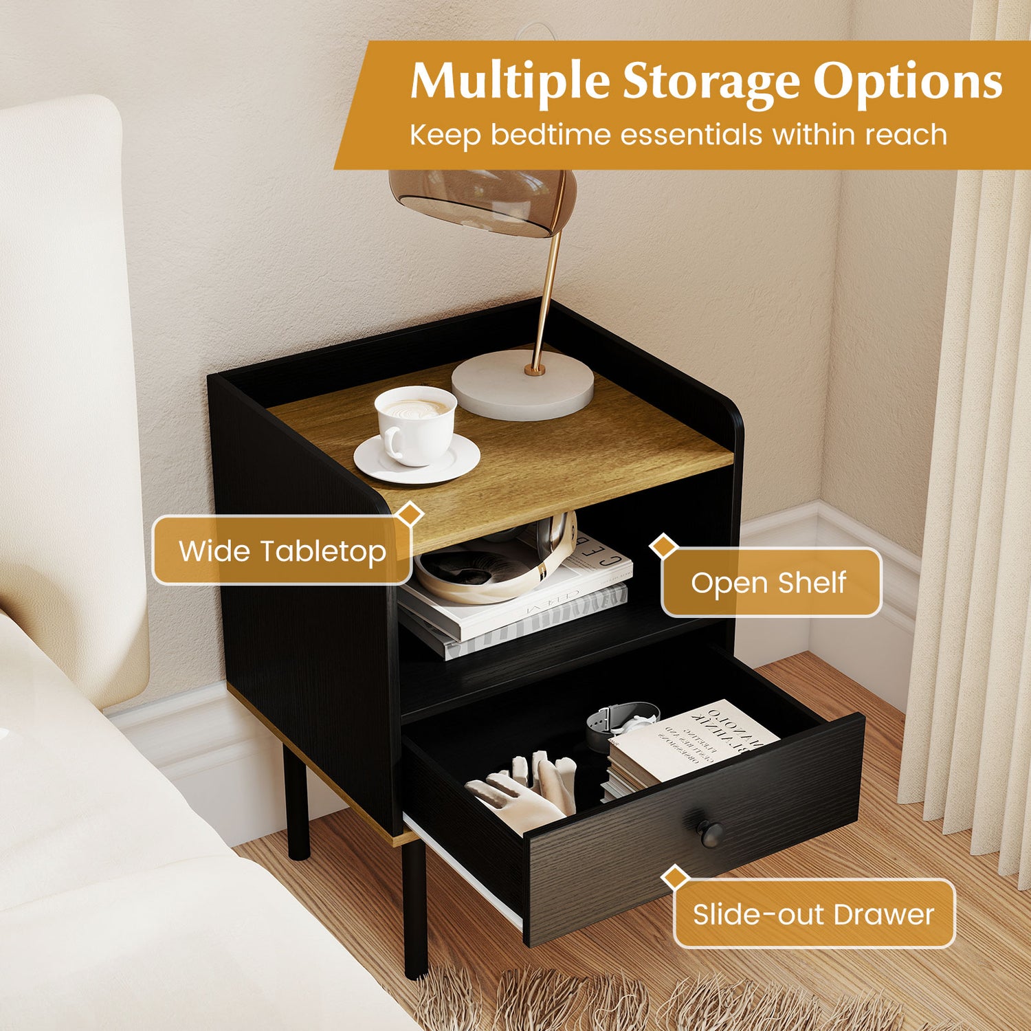 Nightstand Bedside End Table with Drawer and Open Shelf for Living Room Bedroom
