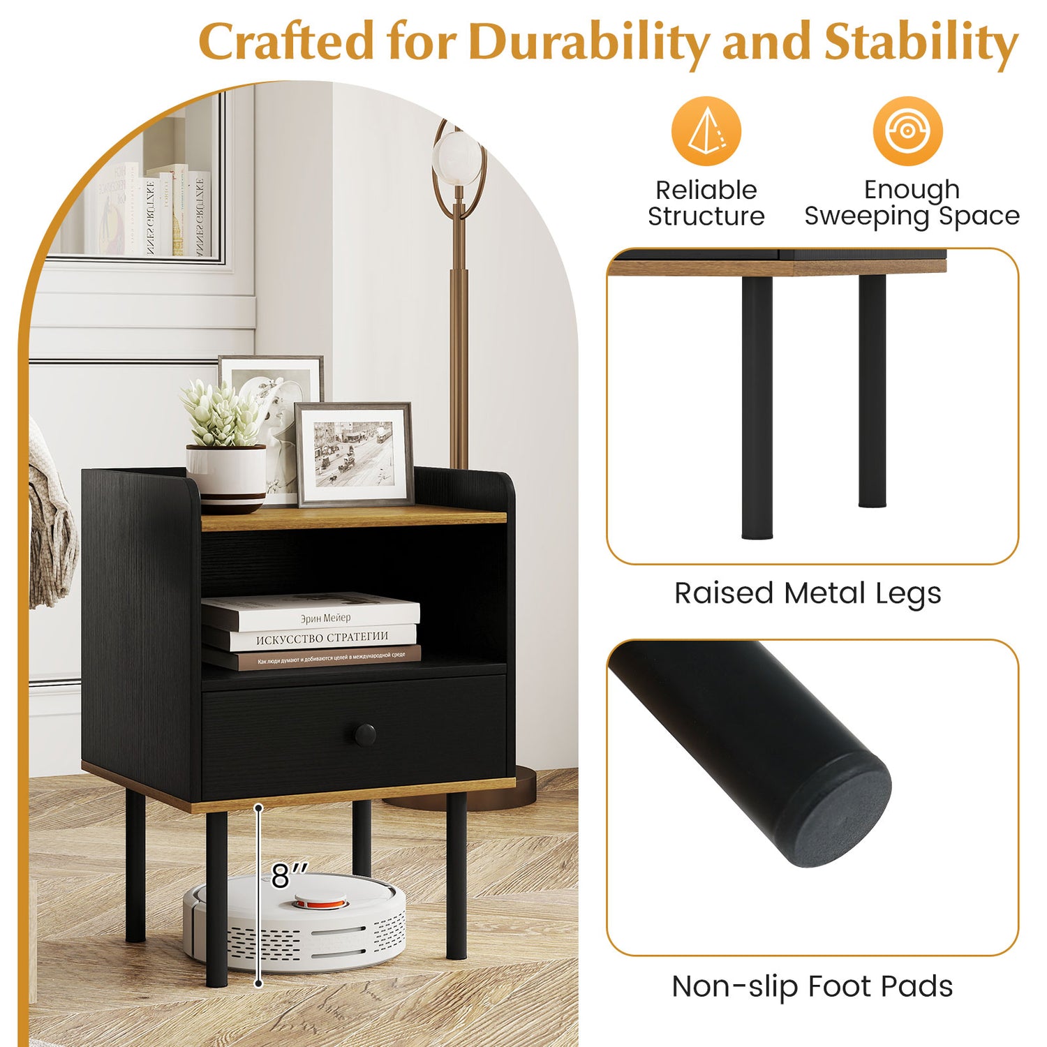 Nightstand Bedside End Table with Drawer and Open Shelf for Living Room Bedroom