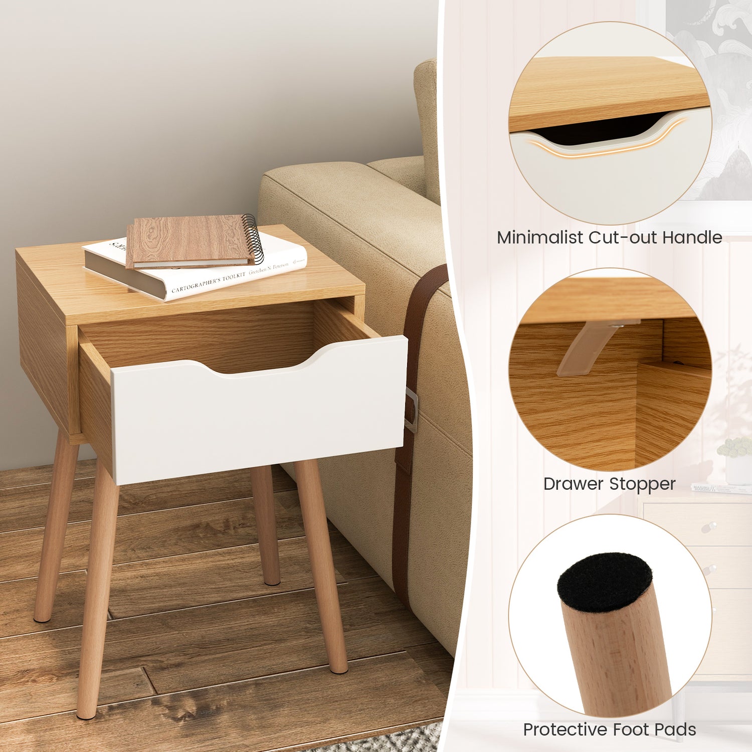 Set of 1/2 Modern Nightstand with Storage Drawer for Bedroom Living Room-1 Piece