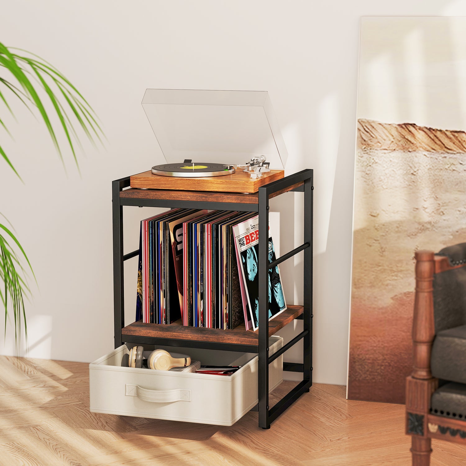 Nightstand Industrial Bedside Table with Open Storage Shelf and Fabric Drawer-Rustic Brown