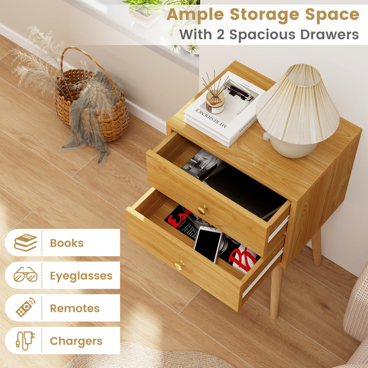 Modern Nightstand Bedside Table Mid Century with 2 Drawers