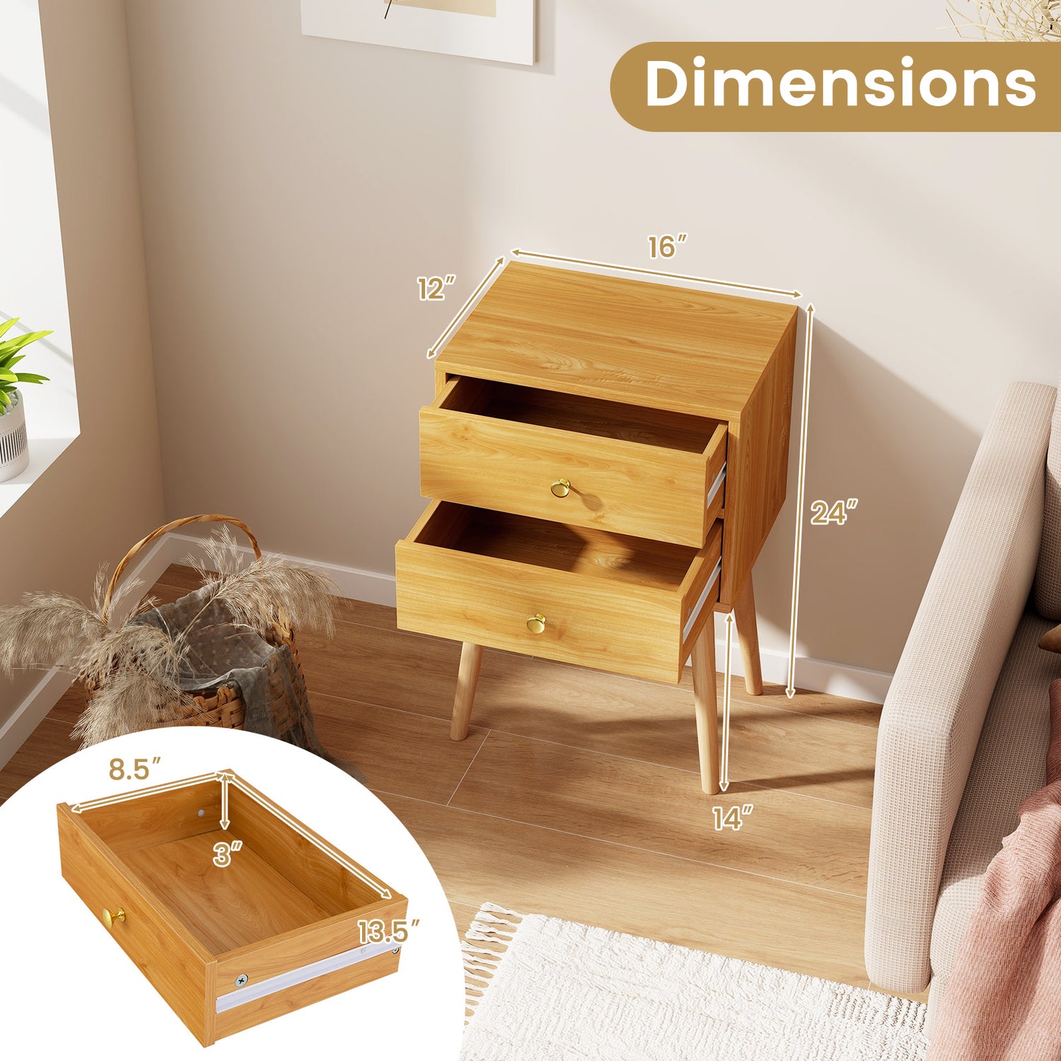 Modern Nightstand Bedside Table Mid Century with 2 Drawers