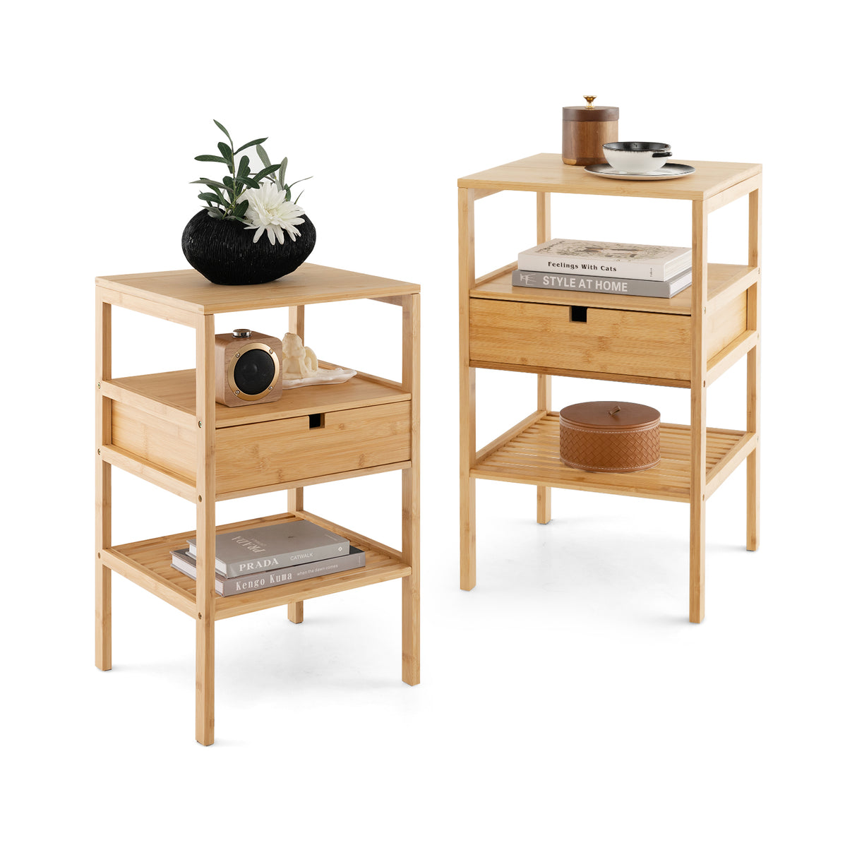 Nightstand Set of 2 Bamboo End Table with 2 Open Shelves and Drawer