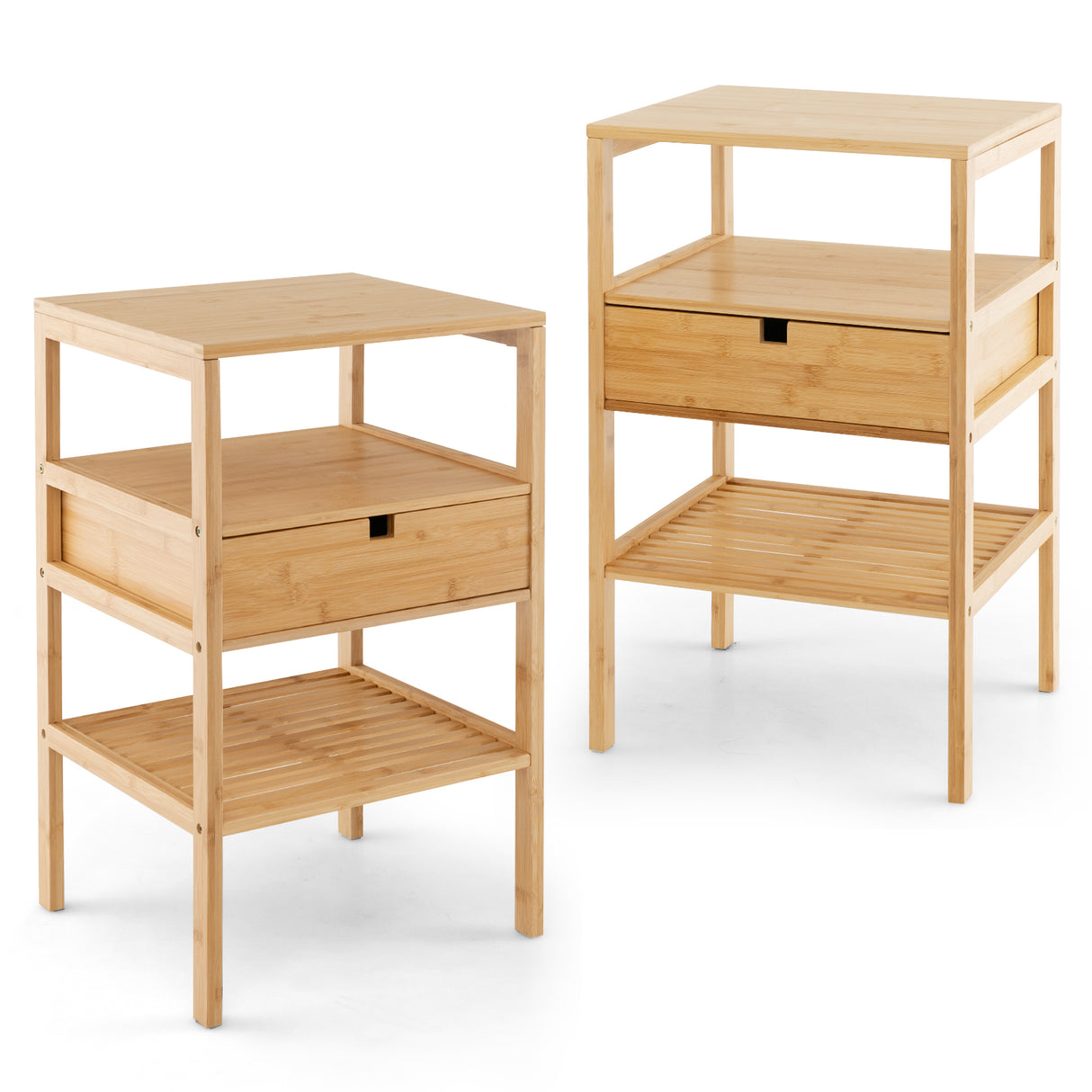 Nightstand Set of 2 Bamboo End Table with 2 Open Shelves and Drawer