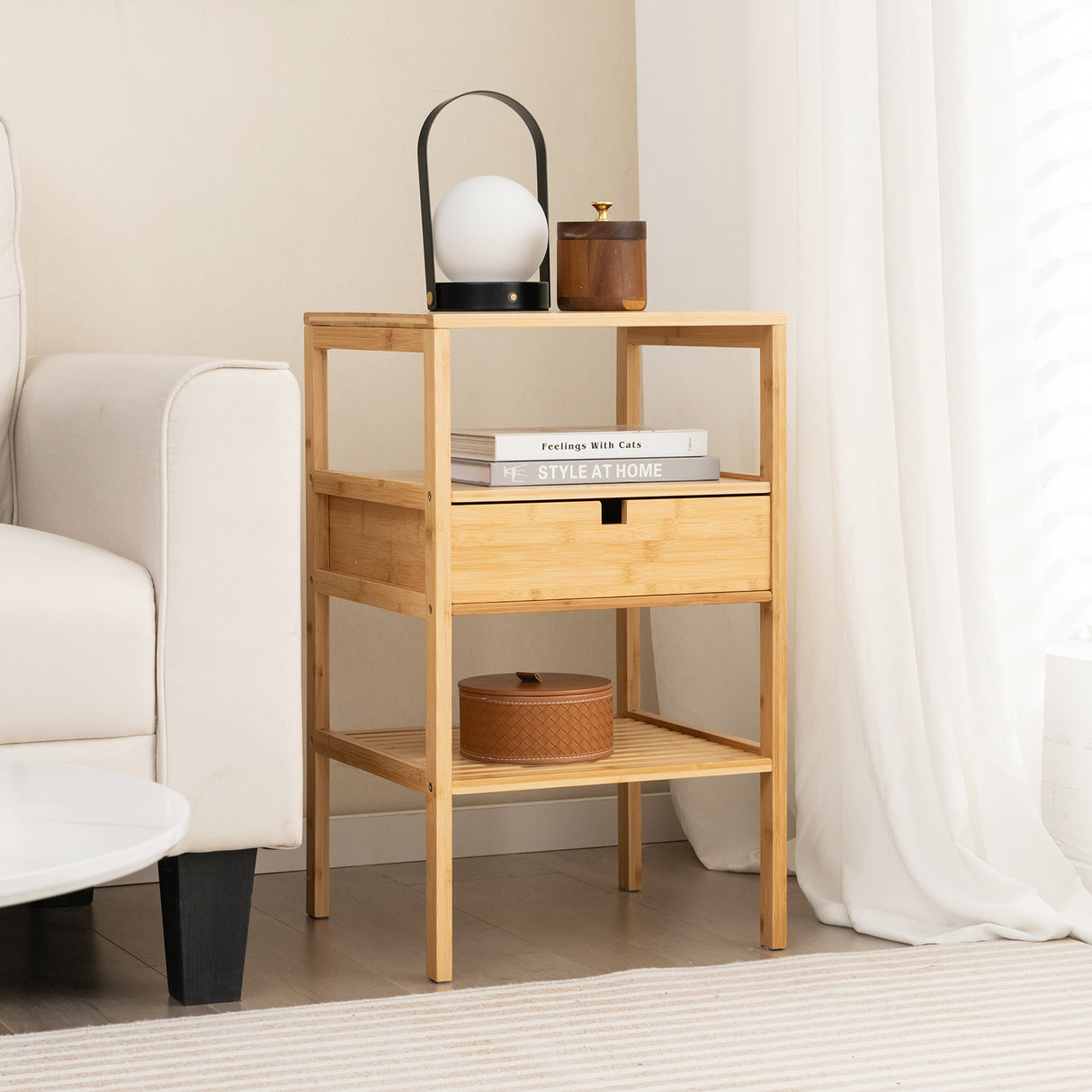 Nightstand Set of 2 Bamboo End Table with 2 Open Shelves and Drawer