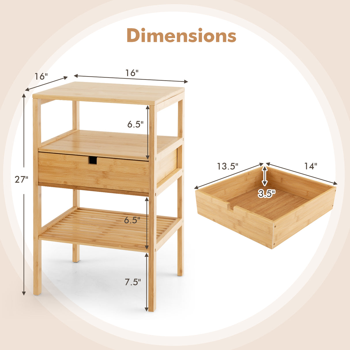 Nightstand Set of 2 Bamboo End Table with 2 Open Shelves and Drawer