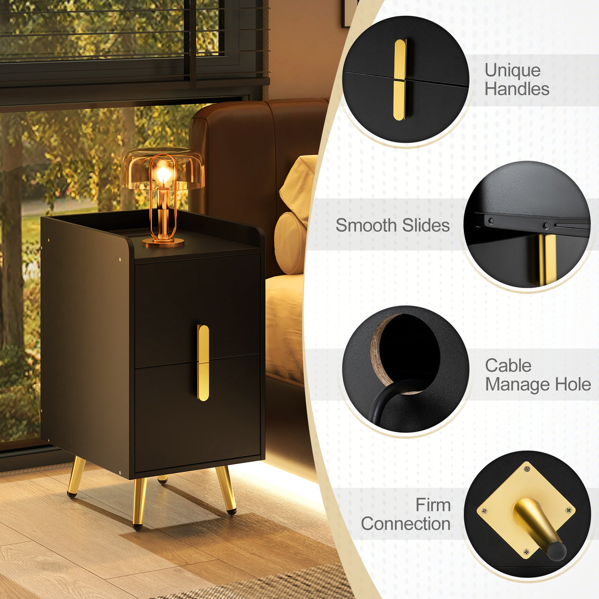 Nightstand Side Tables with 2 Drawers and 2 USB Ports