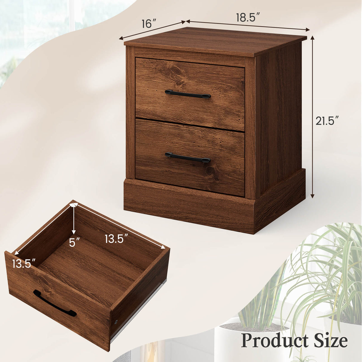 Wood Compact Floor Nightstand with Storage Drawers