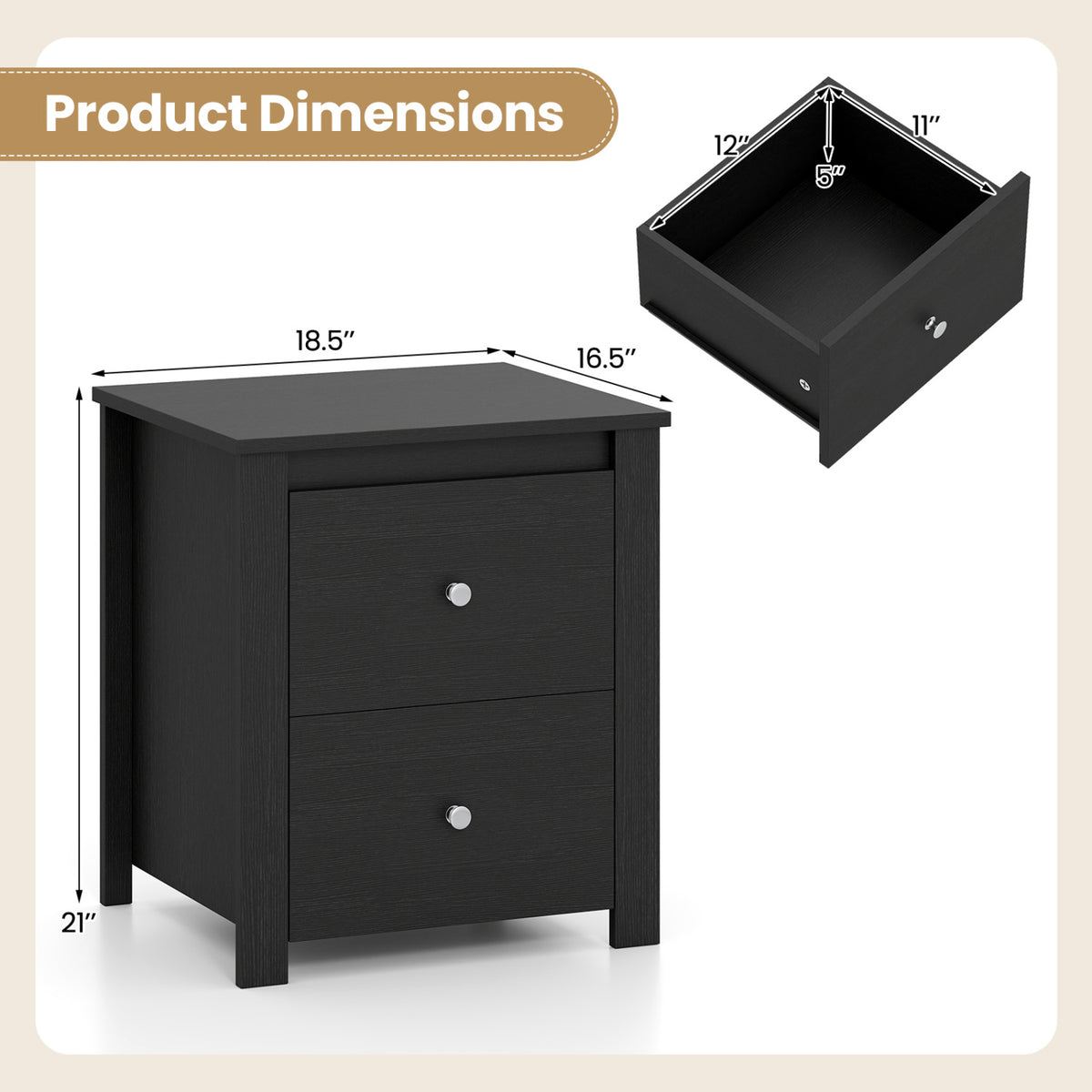 Nightstand with 2 Drawers & Storage for Bedroom Living Room Small Spaces