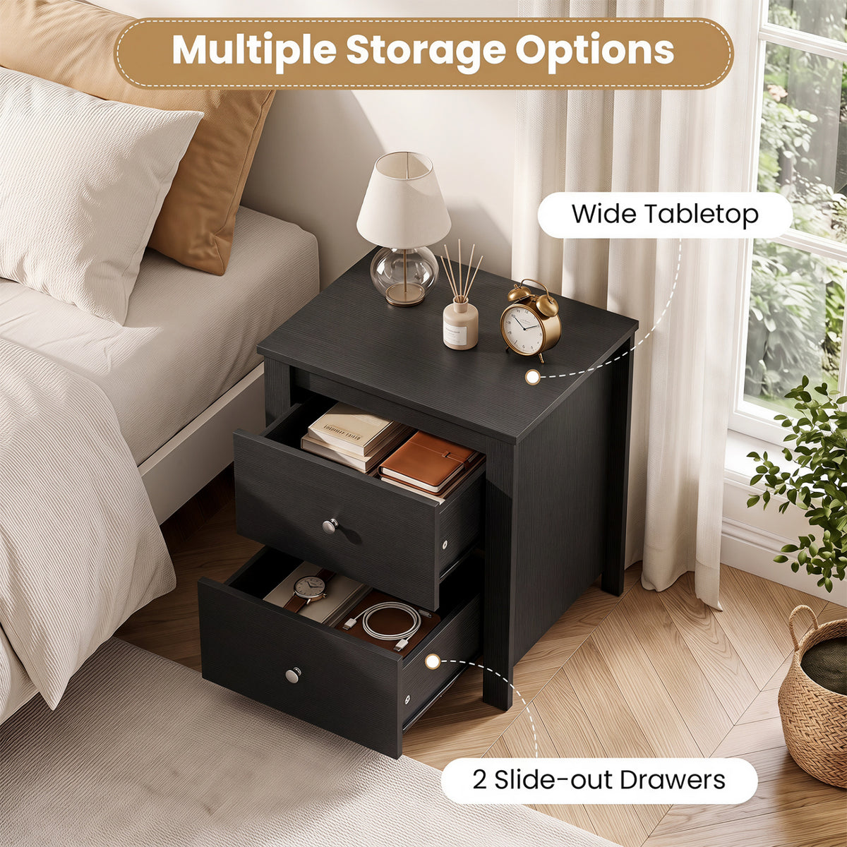 Nightstand with 2 Drawers & Storage for Bedroom Living Room Small Spaces