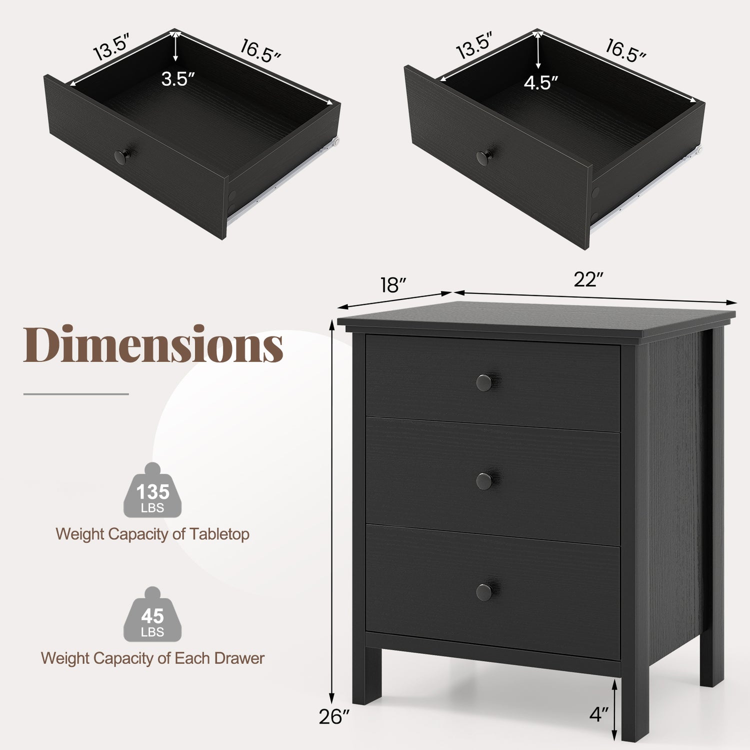 3-Drawer Wooden Nightstand Modern Bedside Table