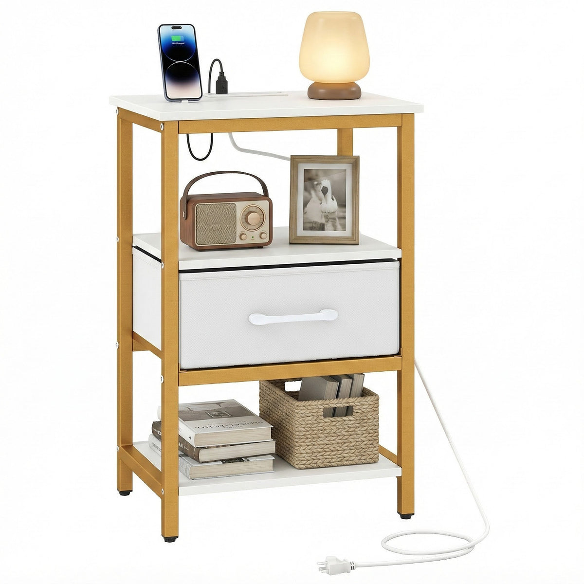 Nightstand with Charging Station and Adjustable Fabric Drawer for Bedroom and Living Room-Set of 2