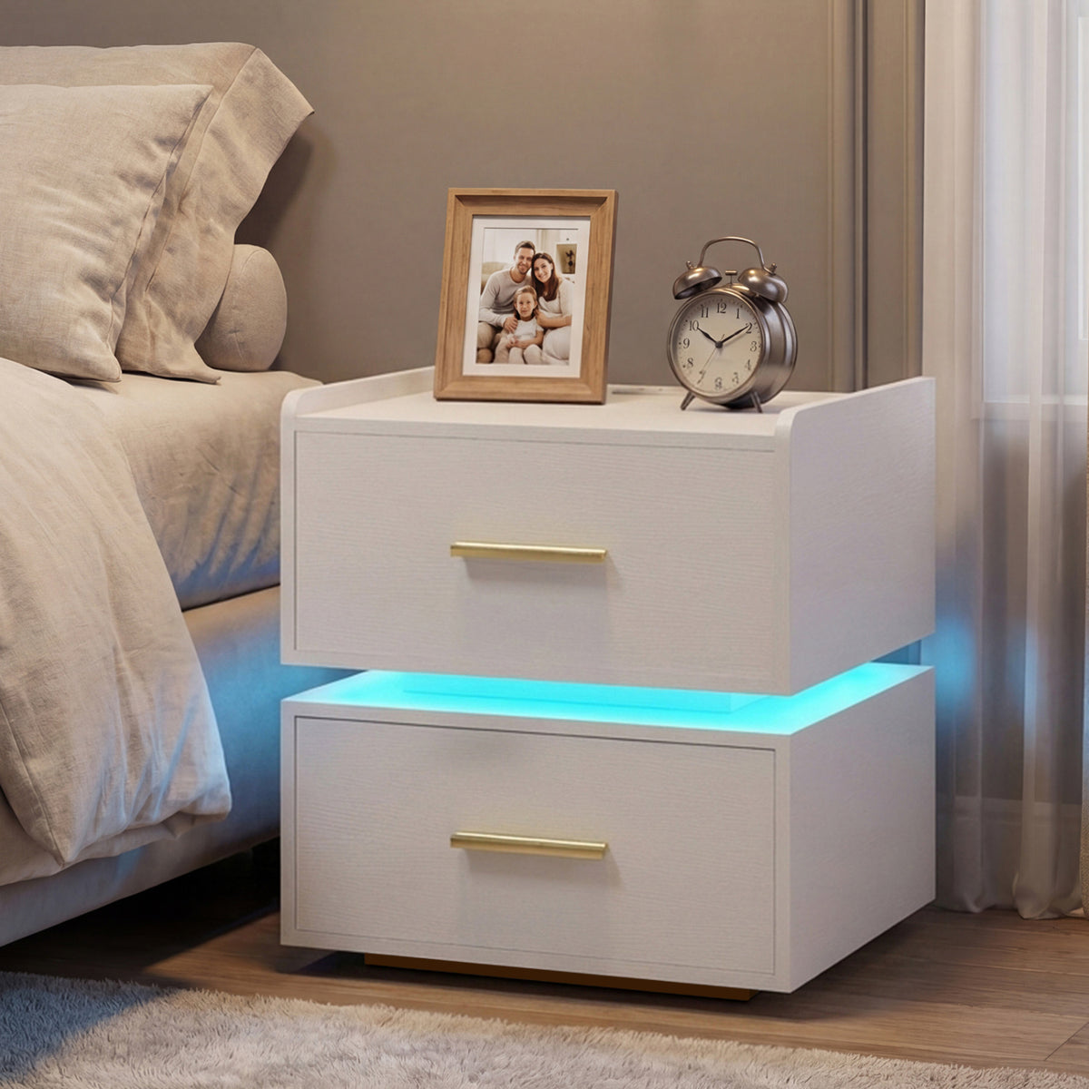 Nightstand with Charging Station LED Bedside Table with 2 Storage Drawers