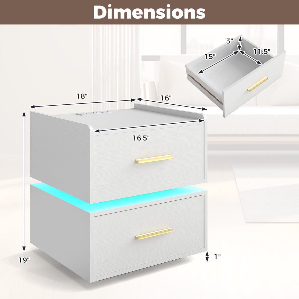 Nightstand with Charging Station LED Bedside Table with 2 Storage Drawers