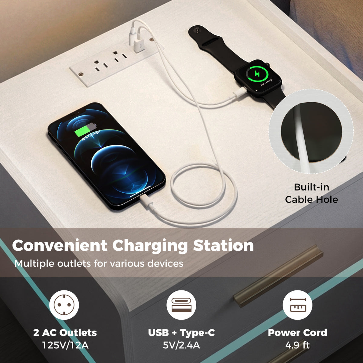 Nightstand with Charging Station LED Bedside Table with 2 Storage Drawers