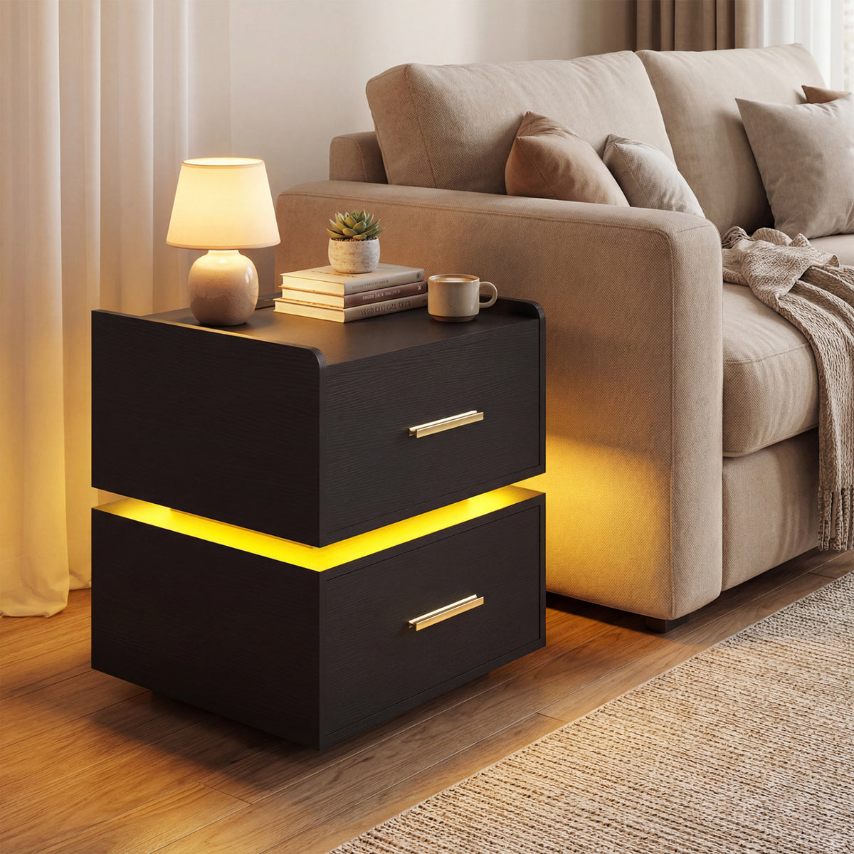 Nightstand with Charging Station LED Bedside Table with 2 Storage Drawers