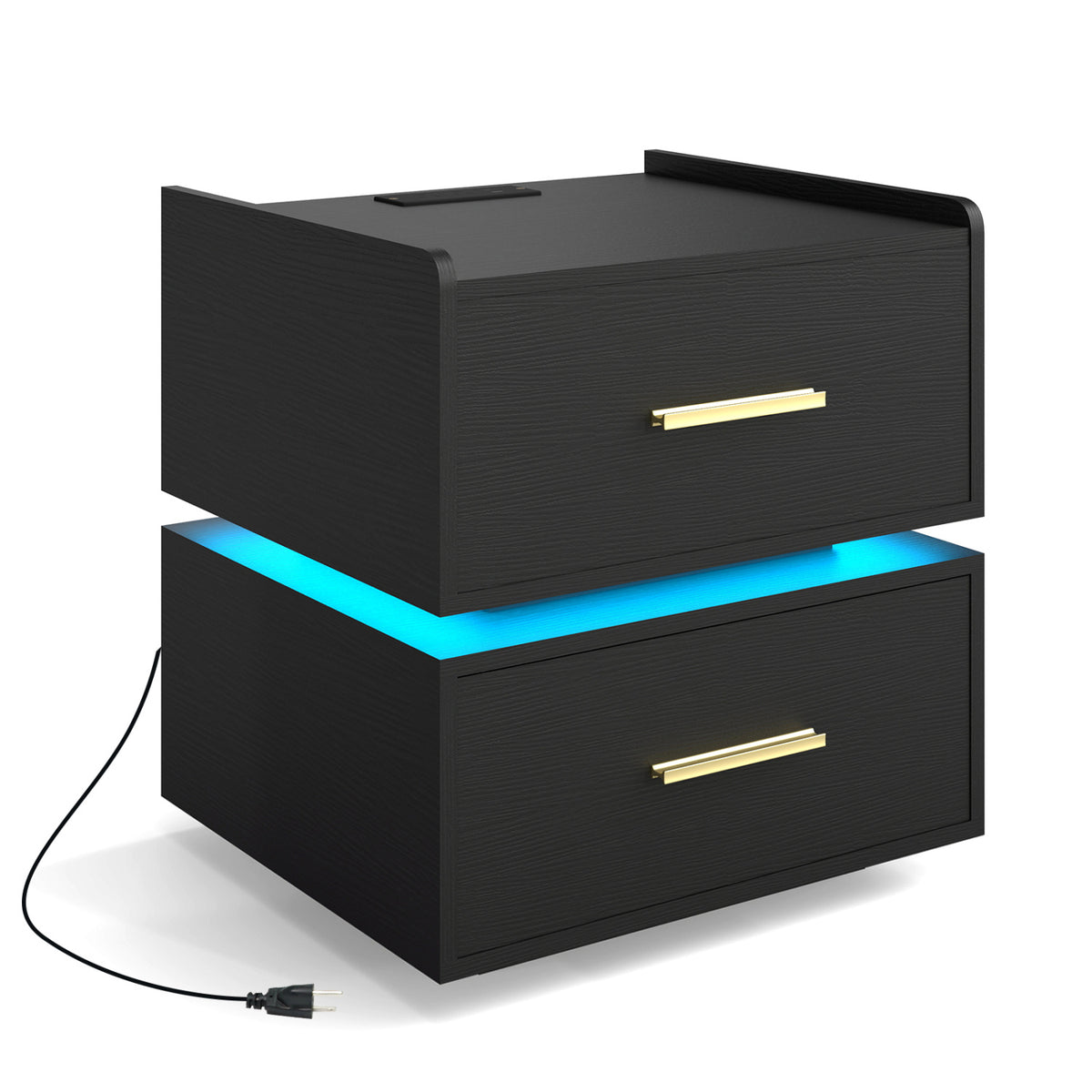 Nightstand with Charging Station LED Bedside Table with 2 Storage Drawers